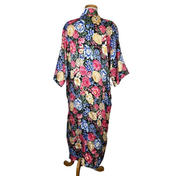 Vintage 80s Floral Satin Kimono Long Robe Lingerie Beaux Reves OS One Size - Picture 2 of 7